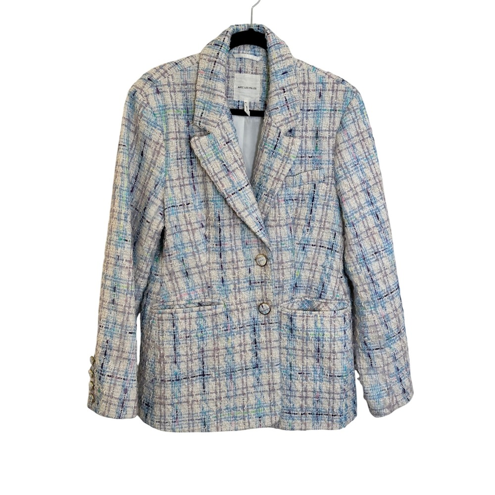 Avec Les Filles Tweed Blazer Size XL Blue Pastel Notched Lapel Plaid Tailored